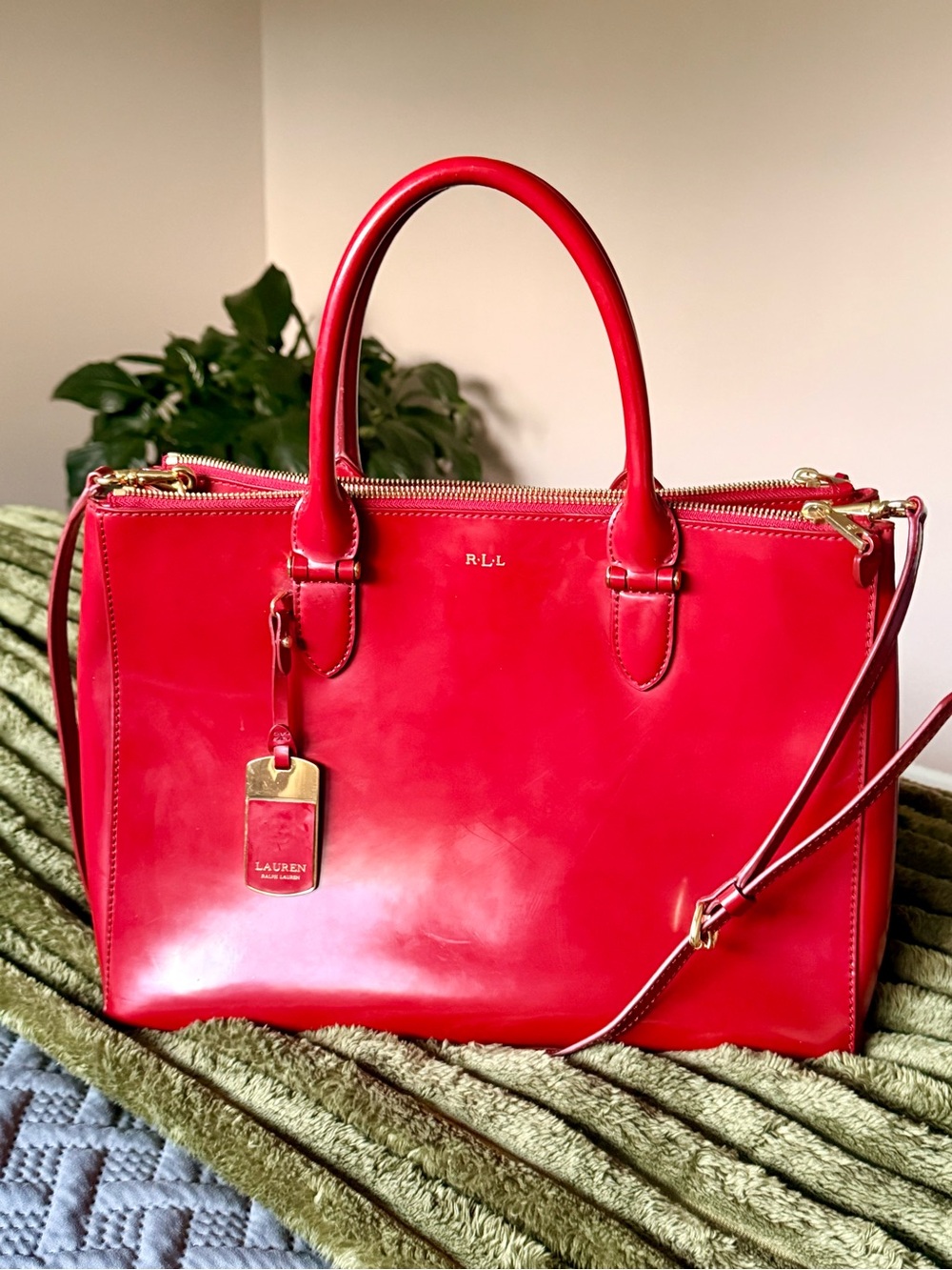 Ralph Lauren Red Patent Leather Satchel with Gold Hardware